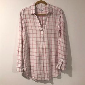 Gap Linen Popover Collared Long Tunic Top Plaid Lightweight Rounded Hem